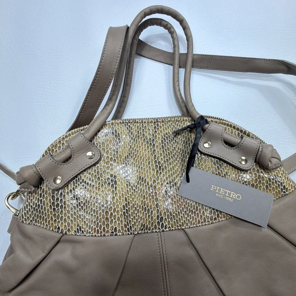 New! Pietro NYC Convertible Satchel Handbag Taupe Leather Snakeskin Embossed USA